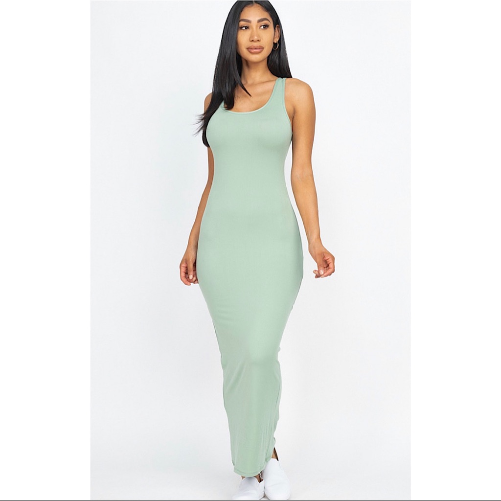 Green Solid Basic Bodycon Maxi Dress